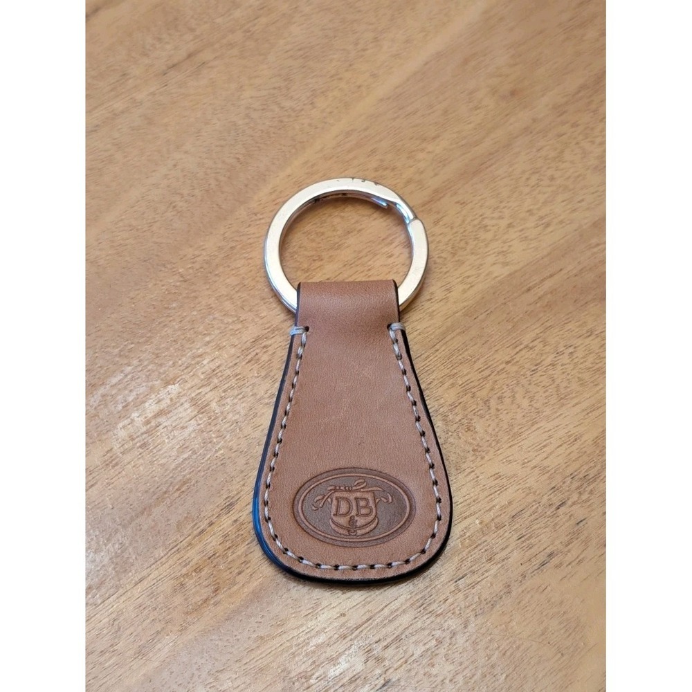 Dooney & Bourke Vintage Style Brown Leather Keychain Fob DB Logo Contrast Stitch